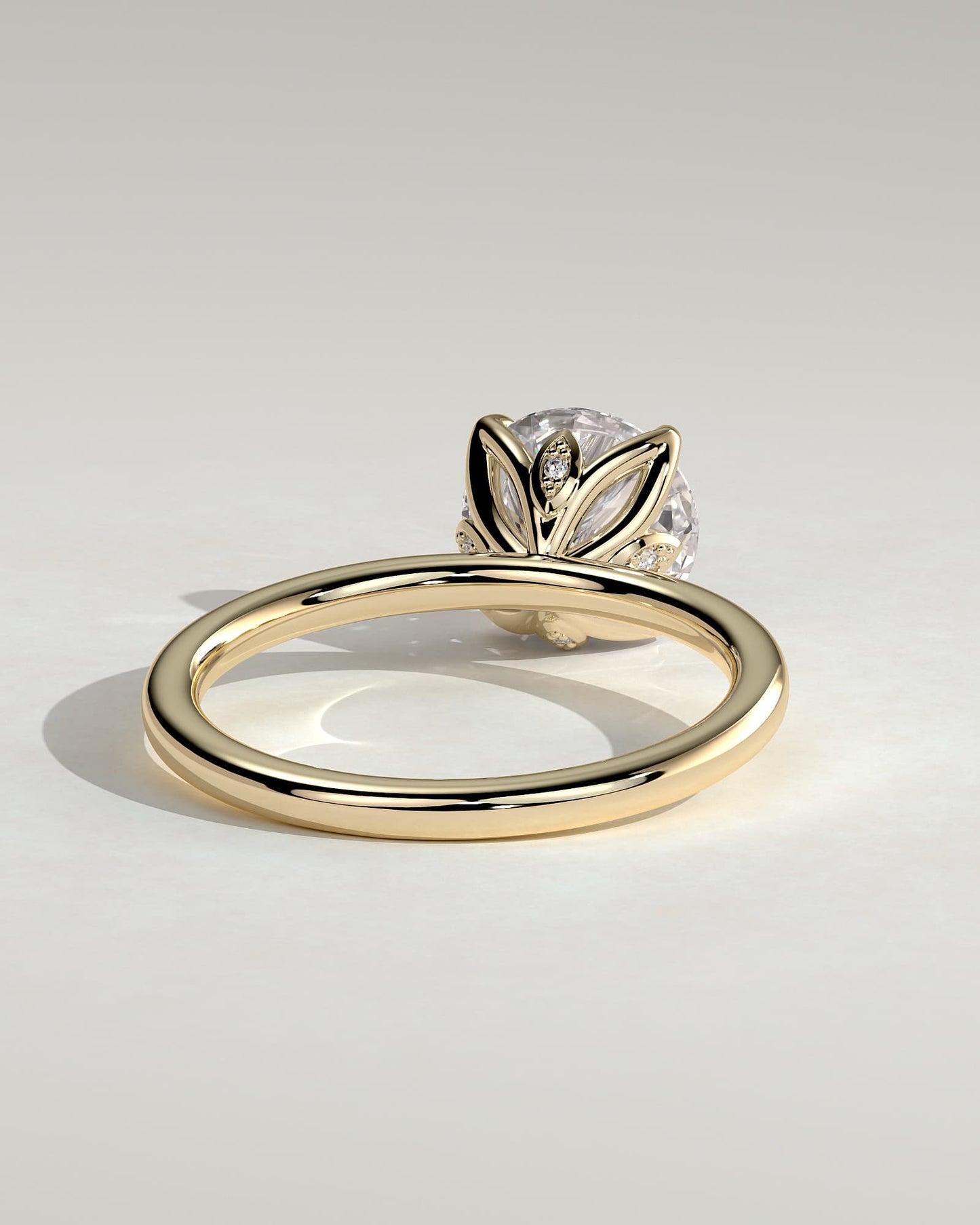 Joy - Round Claw Solitaire with Petal Gallery and Accent Leaf Detail Engagement Ring - Yellow Gold