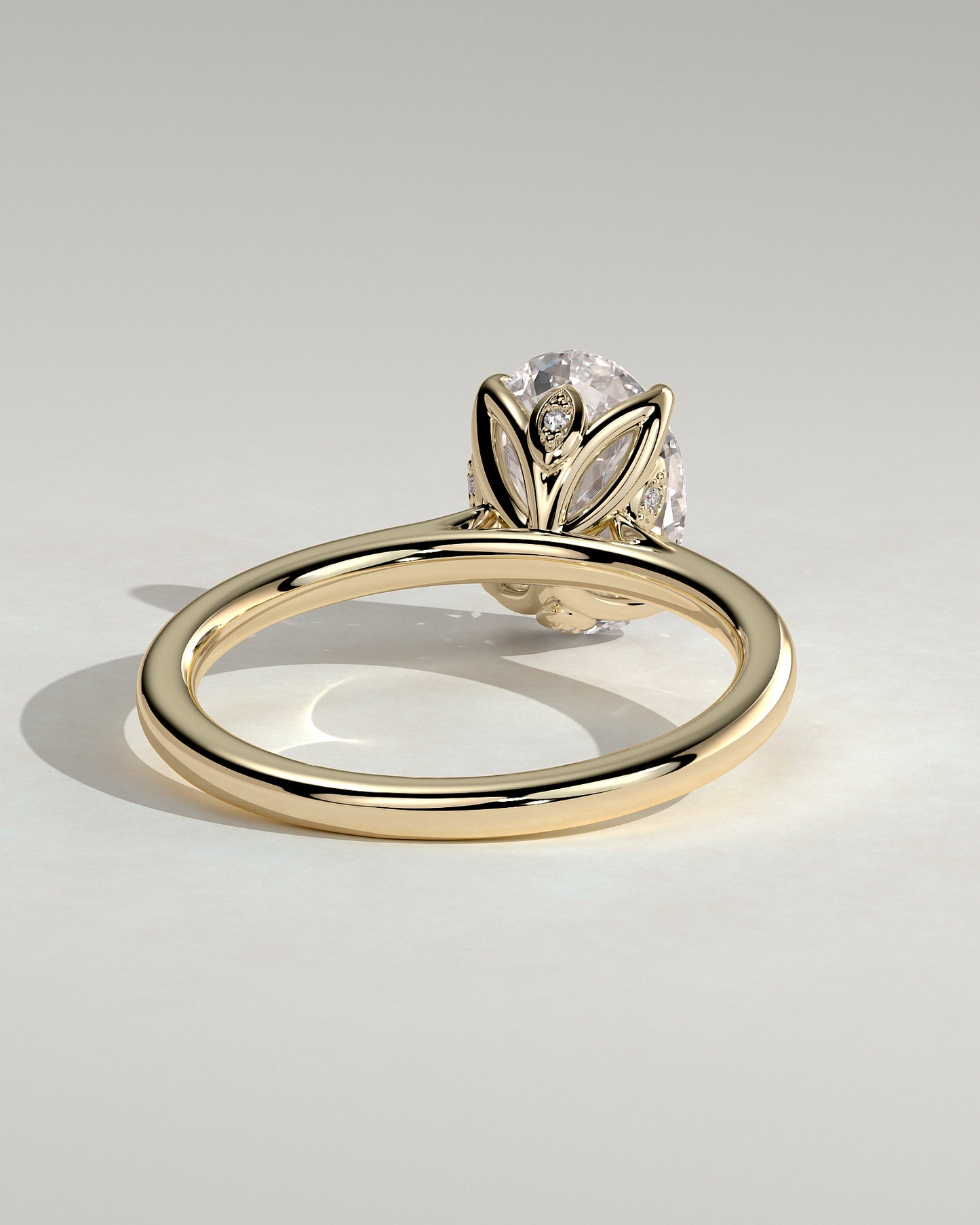 Erica - Oval Claw Solitaire with Petal Gallery, Accent Leaf Detail and Cathedral Setting Engagement Ring - Yellow Gold - Yellow Gold 2ct