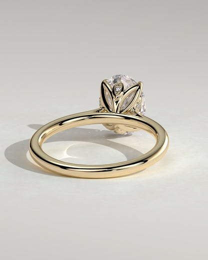 Erica - Oval Claw Solitaire with Petal Gallery, Accent Leaf Detail and Cathedral Setting Engagement Ring - Yellow Gold
