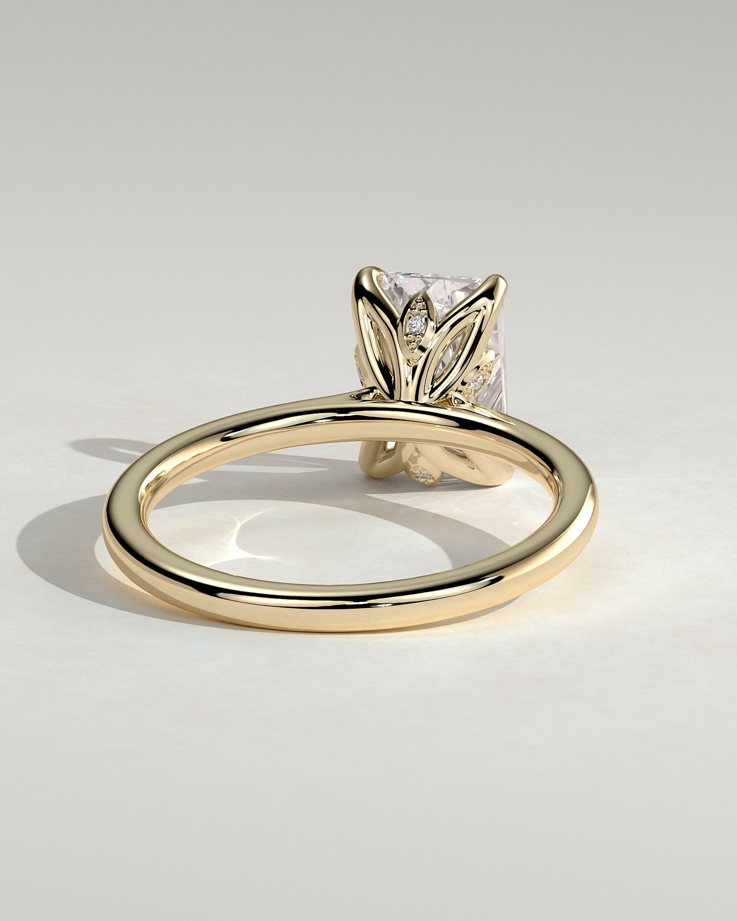 Harriet - Radiant Claw Solitaire with Petal Gallery, Accent Leaf Detail and Cathedral Setting Engagement Ring - Yellow Gold - Yellow Gold 2ct