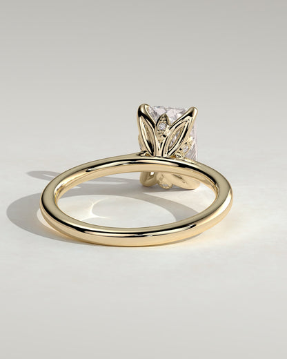 Harriet - Radiant Claw Solitaire with Petal Gallery, Accent Leaf Detail and Cathedral Setting Engagement Ring - Yellow Gold