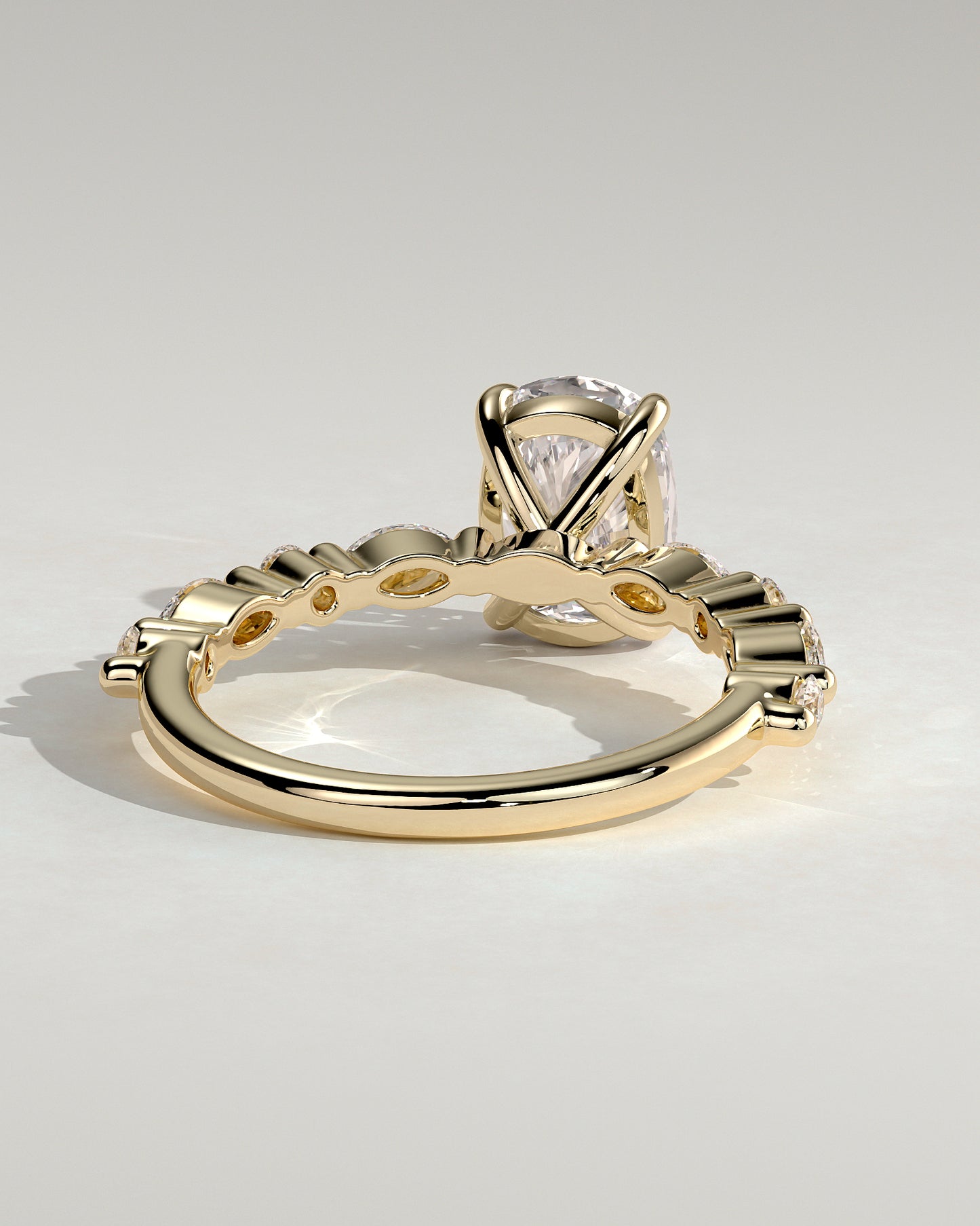 Delphine - Elongated Cushion Claw Solitaire with Marquise and Round Accent Stones Engagement Ring - Yellow Gold - Yellow Gold 2ct