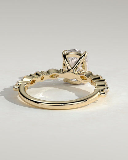 Delphine - Elongated Cushion Claw Solitaire with Marquise and Round Accent Stones Engagement Ring - Yellow Gold
