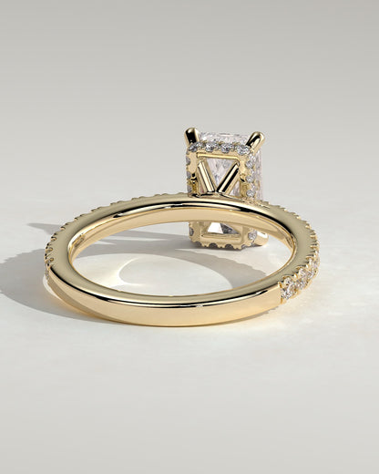 Ellie - Radiant Claw Solitaire with Wrap Around Hidden Halo and Pave Band Engagement Ring - Yellow Gold