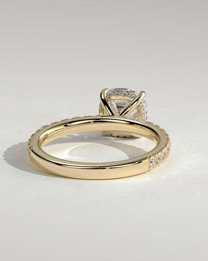 Claudia - Cushion Claw Solitaire with Hidden Halo and Pave Band Engagement Ring - Yellow Gold
