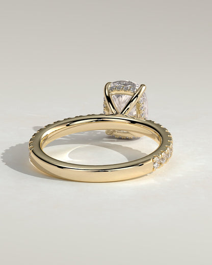 Camilla - Elongated Cushion Claw Solitaire with Hidden Halo and Pave Band Engagement Ring - Yellow Gold