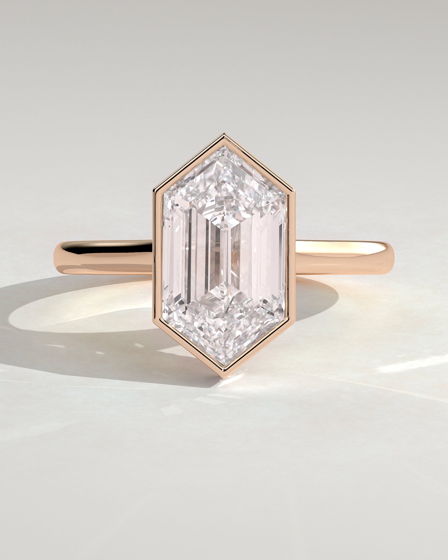 Gloria - Elongated Hexagon Bezel Solitaire with Hidden Halo and Cathedral High Setting Engagement Ring - Rose Gold