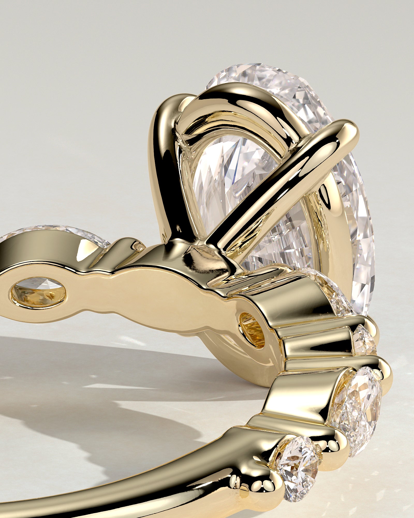 Alyssa - Oval Claw Solitaire with Marquise and Round Accent Stones Engagement Ring - Yellow Gold - Yellow Gold 2ct