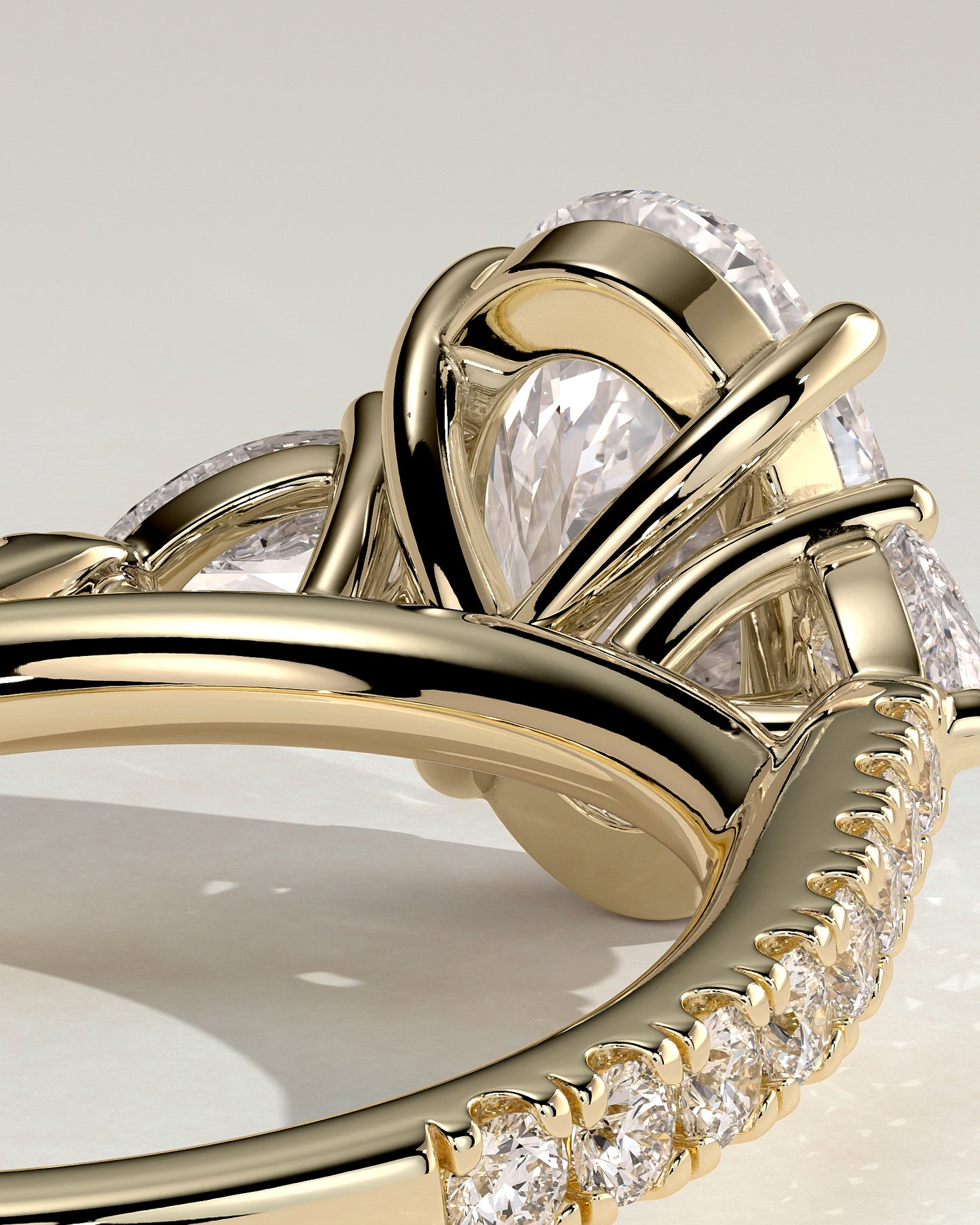 Arabella - Oval Claw Trilogy with Pear Side Stones and Pave Band Engagement Ring - Yellow Gold - Yellow Gold 2ct