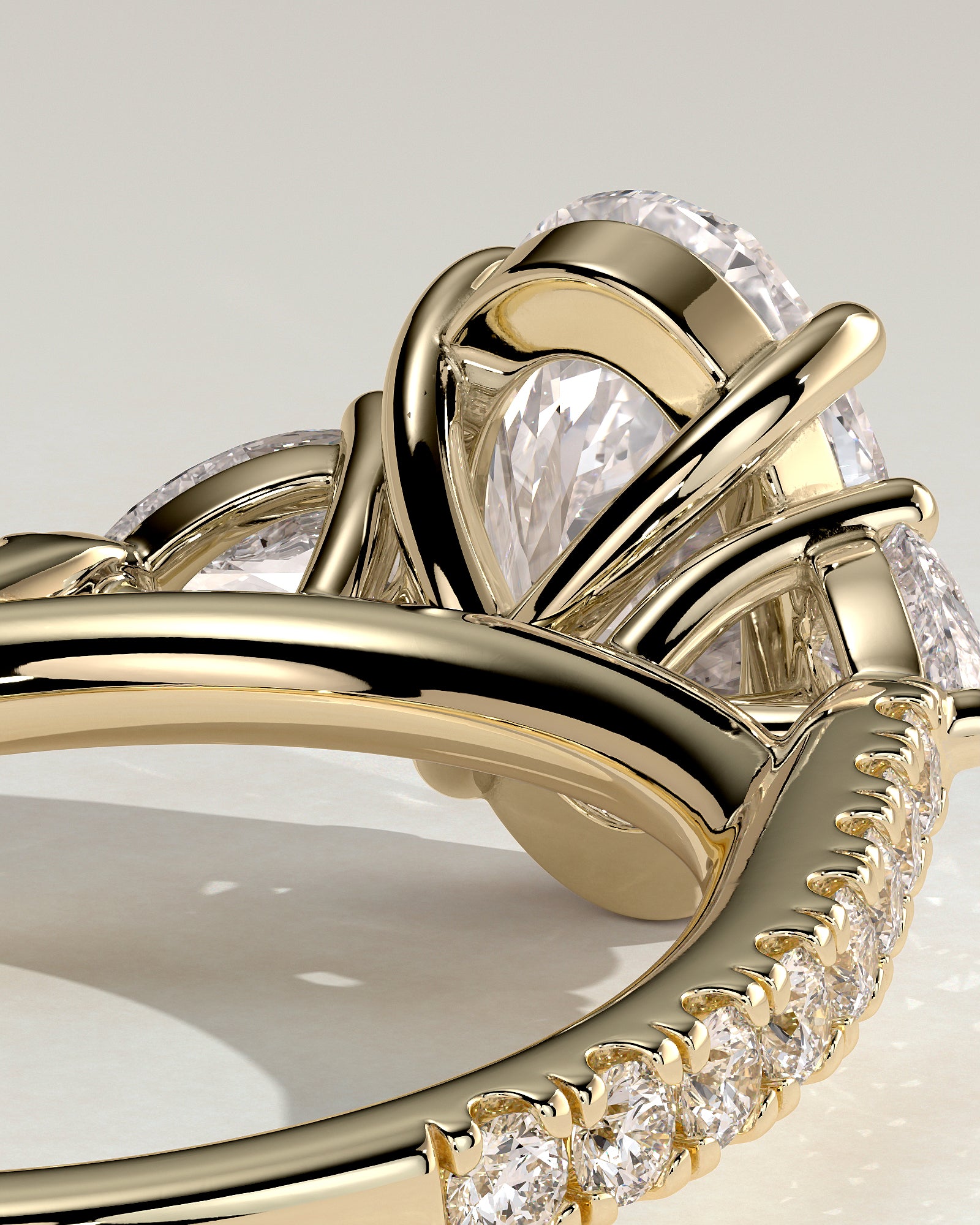 Arabella - Oval Claw Trilogy with Pear Side Stones and Pave Band Engagement Ring - Yellow Gold - Yellow Gold 2ct