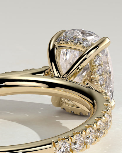 Annika - Elongated Cushion Claw Solitaire with Hidden Halo, Pave Band and Cathedral High Setting Engagement Ring - Yellow Gold