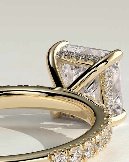 Annie - Princess Claw Solitaire with Hidden Halo and Pave Band Engagement Ring - Yellow Gold