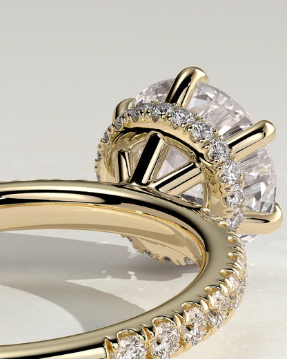 Amanda - Round Claw Solitaire with Wrap Around Hidden Halo and Pave Band Engagement Ring - Yellow Gold - yellow gold - Lara Jewels