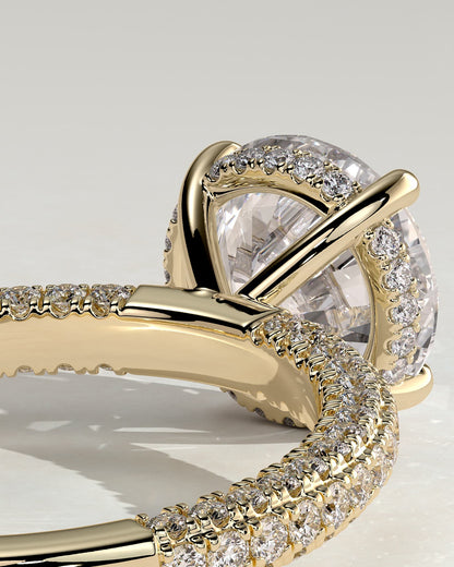 Alex - Round Claw Solitaire with Hidden Halo and Triple Pave Band Engagement Ring - Yellow Gold