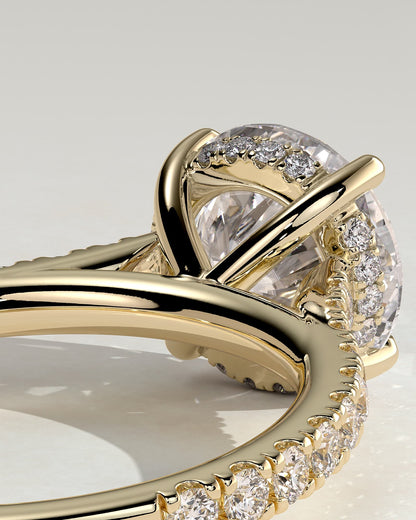 Ashlea - Round Claw Solitaire with Hidden Halo, Pave Band and Cathedral High Setting Engagement Ring - Yellow Gold