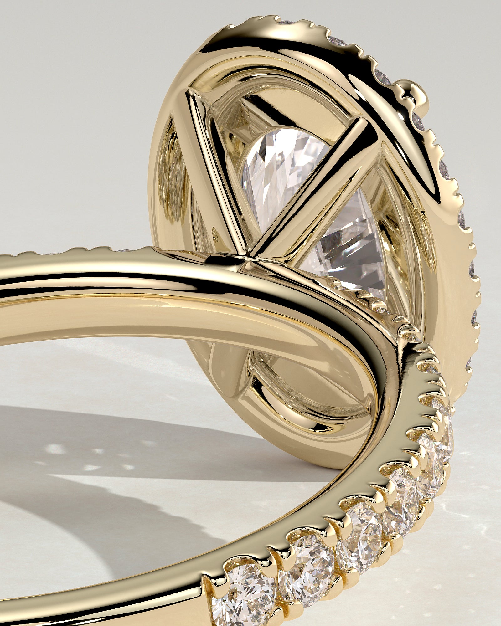Aurora - Oval Claw Solitaire with Halo and Pave Band Engagement Ring - Yellow Gold - Yellow Gold 2ct