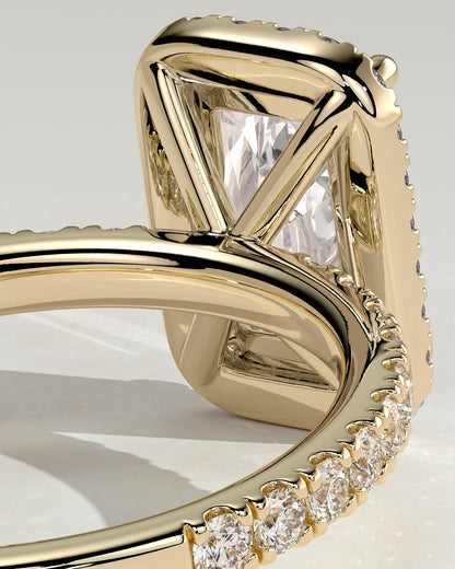 Catherine - Radiant Claw Solitaire with Halo and Pave Band Engagement Ring - Yellow Gold