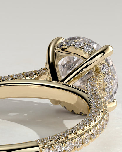 Chelsea - Round Claw Solitaire with Hidden Halo, Triple Pave Band and Cathedral High Setting Engagement Ring - Yellow Gold