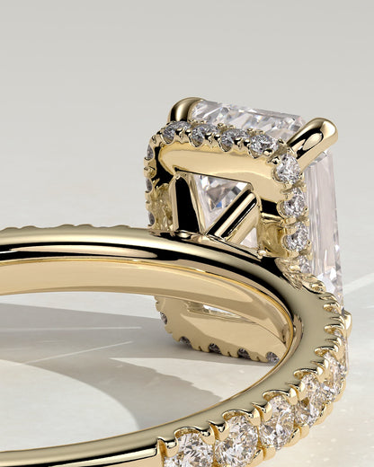 Eliana - Emerald Claw Solitaire with Wrap Around Hidden Halo and Pave Band Engagement Ring - Yellow Gold