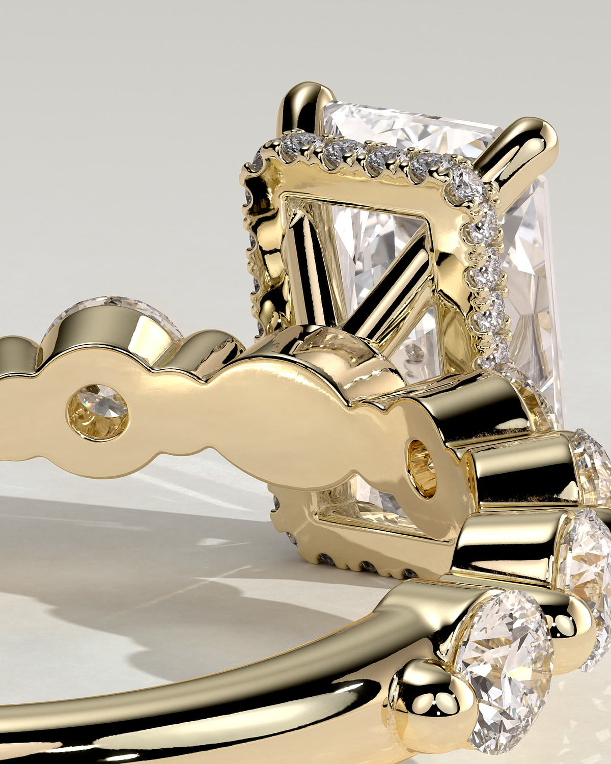 Josephine - Radiant Claw Solitaire with Round Accent Stones and Wrap Around Hidden Halo Engagement Ring - Yellow Gold