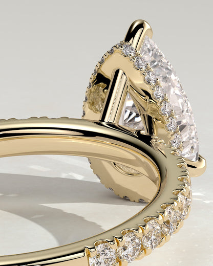 Keira - Pear Claw Solitaire with Wrap Around Hidden Halo and Pave Band Engagement Ring - Yellow Gold