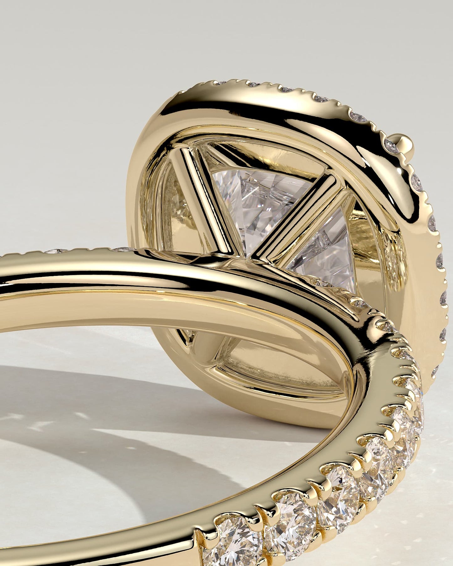 Suzana - Cushion Claw Solitaire with Halo and Pave Band Engagement Ring - Yellow Gold