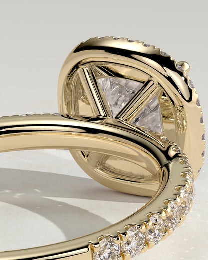Suzana - Cushion Claw Solitaire with Halo and Pave Band Engagement Ring - Yellow Gold