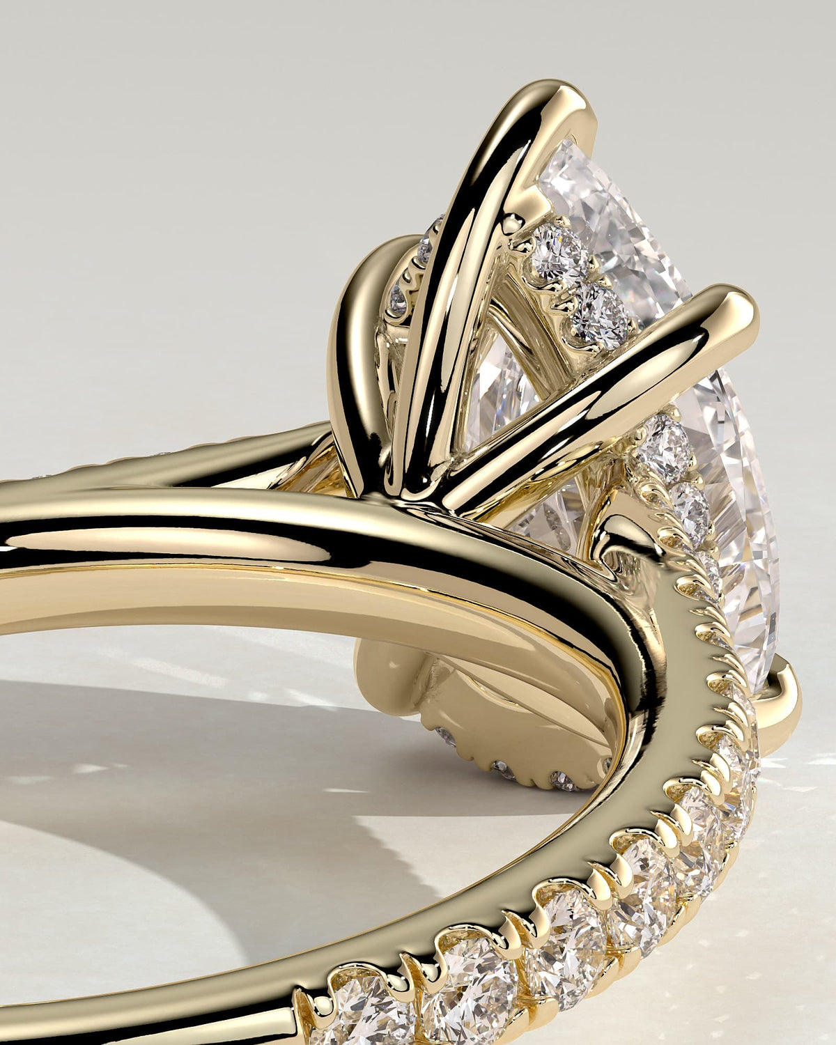 Katrina - Pear Claw Solitaire with Hidden Halo, Pave Band and Cathedral High Setting Engagement Ring - Yellow Gold