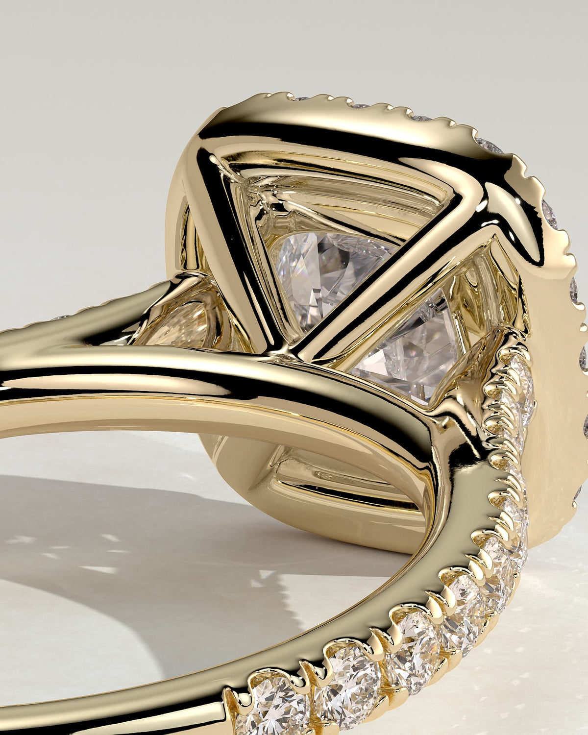 Nicole - Cushion Claw Solitaire with Halo and Pave Band and Cathedral High Setting Engagement Ring - Yellow Gold