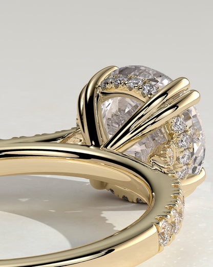 Amelia - Round Double Claw Solitaire with Hidden Halo, Tapered Pave Band and Cathedral High Setting Engagement Ring - Yellow Gold