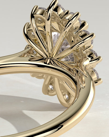 Arielle - Oval Claw Solitaire with Sunburst Halo and Cathedral High Setting Engagement Ring - Yellow Gold