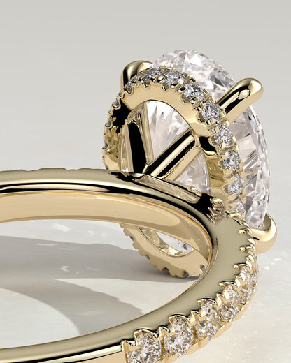 Evangeline - Oval Claw Solitaire with Wrap Around Hidden Halo and Pave Band Engagement Ring - Yellow Gold
