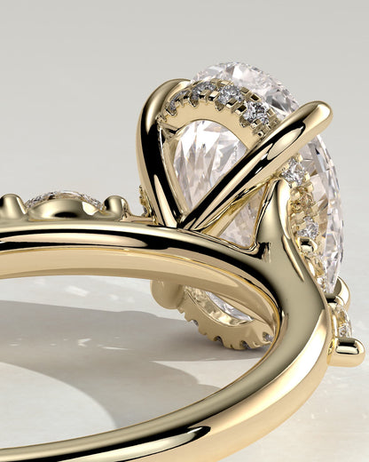 Jamie - Oval Claw Solitaire with Hidden Halo, Opposing Marquise Accents and Cathedral High Setting Engagement Ring - Yellow Gold