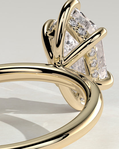 Delta - Elongated Hexagon Claw Solitaire with Hidden Halo Engagement Ring - Yellow Gold