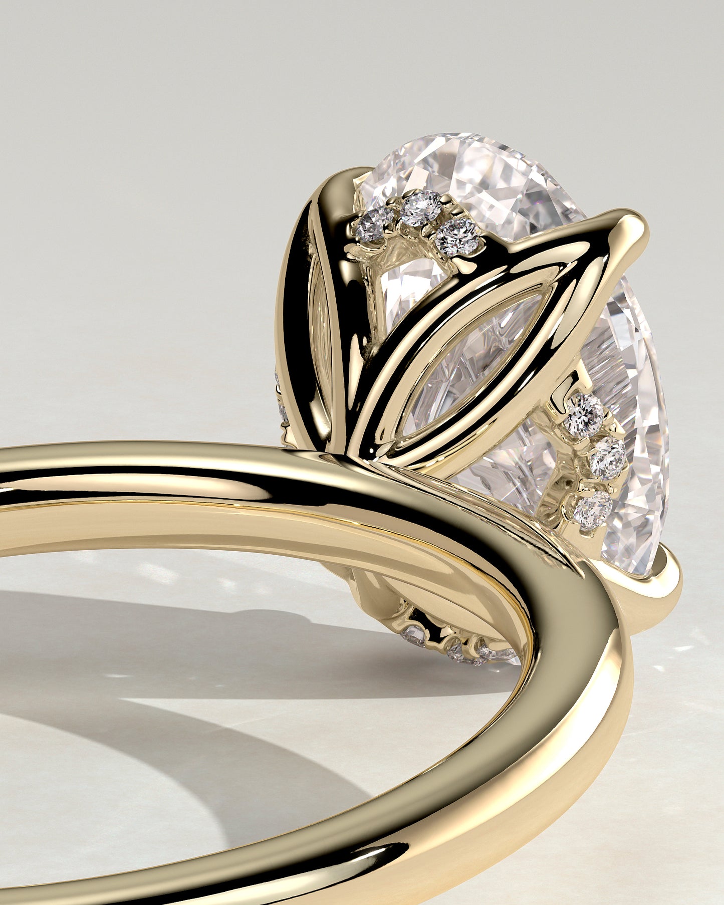 Ivy - Oval Claw Solitaire with Petal Gallery and Accented Tiara Detail Engagement Ring - Yellow Gold - Yellow Gold 2ct