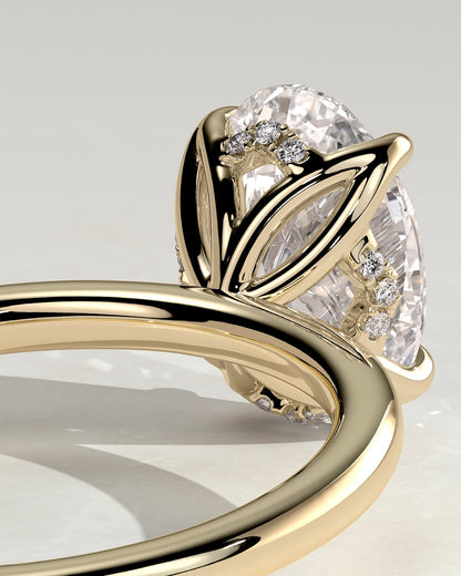 Ivy - Oval Claw Solitaire with Petal Gallery and Accented Tiara Detail Engagement Ring - Yellow Gold
