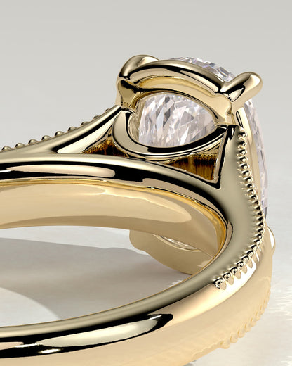 Taylor - Vintage Style Elongated Cushion Claw Solitaire with Bezel Frame and Star Set Accent Stones, Milgrain and Pinched Reverse Tapered Band Engagement Ring - Yellow Gold