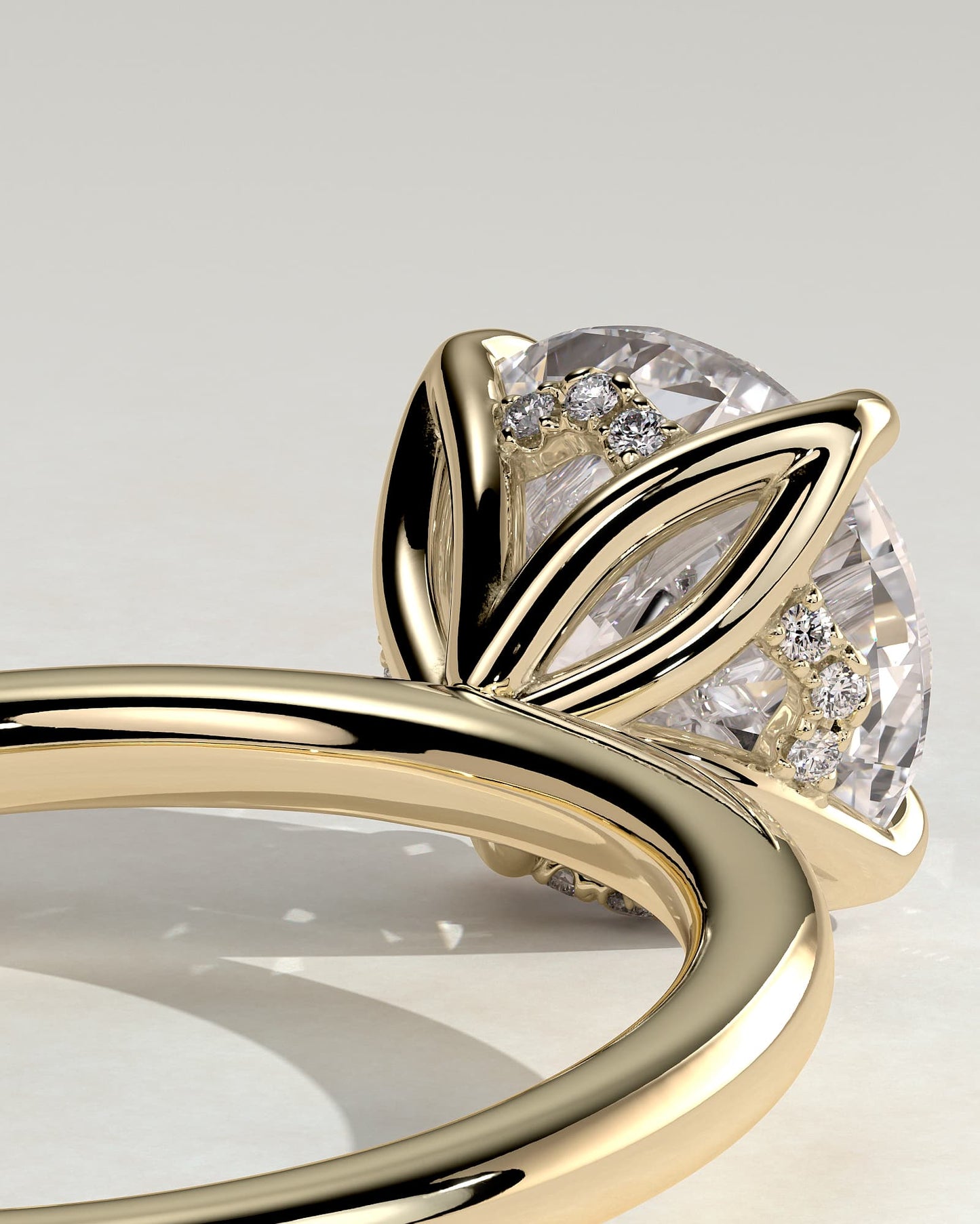 Dahlia - Round Claw Solitaire with Petal Gallery and Accented Tiara Detail Engagement Ring - Yellow Gold