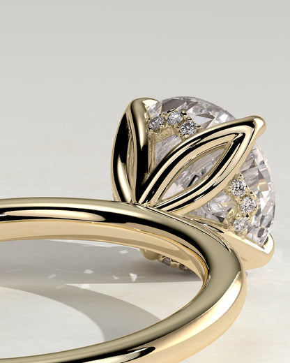 Dahlia - Round Claw Solitaire with Petal Gallery and Accented Tiara Detail Engagement Ring - Yellow Gold