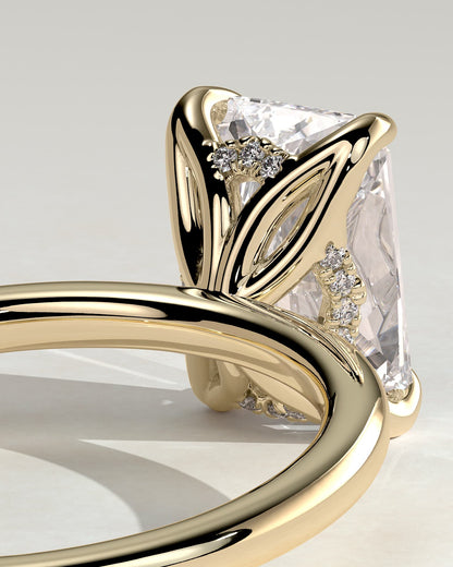 Aster - Radiant Claw Solitaire with Petal Gallery and Accented Tiara Detail Engagement Ring - Yellow Gold