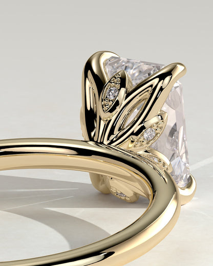 Dove - Emerald Claw Solitaire with Petal Gallery and Accent Leaf Detail Engagement Ring - Yellow Gold