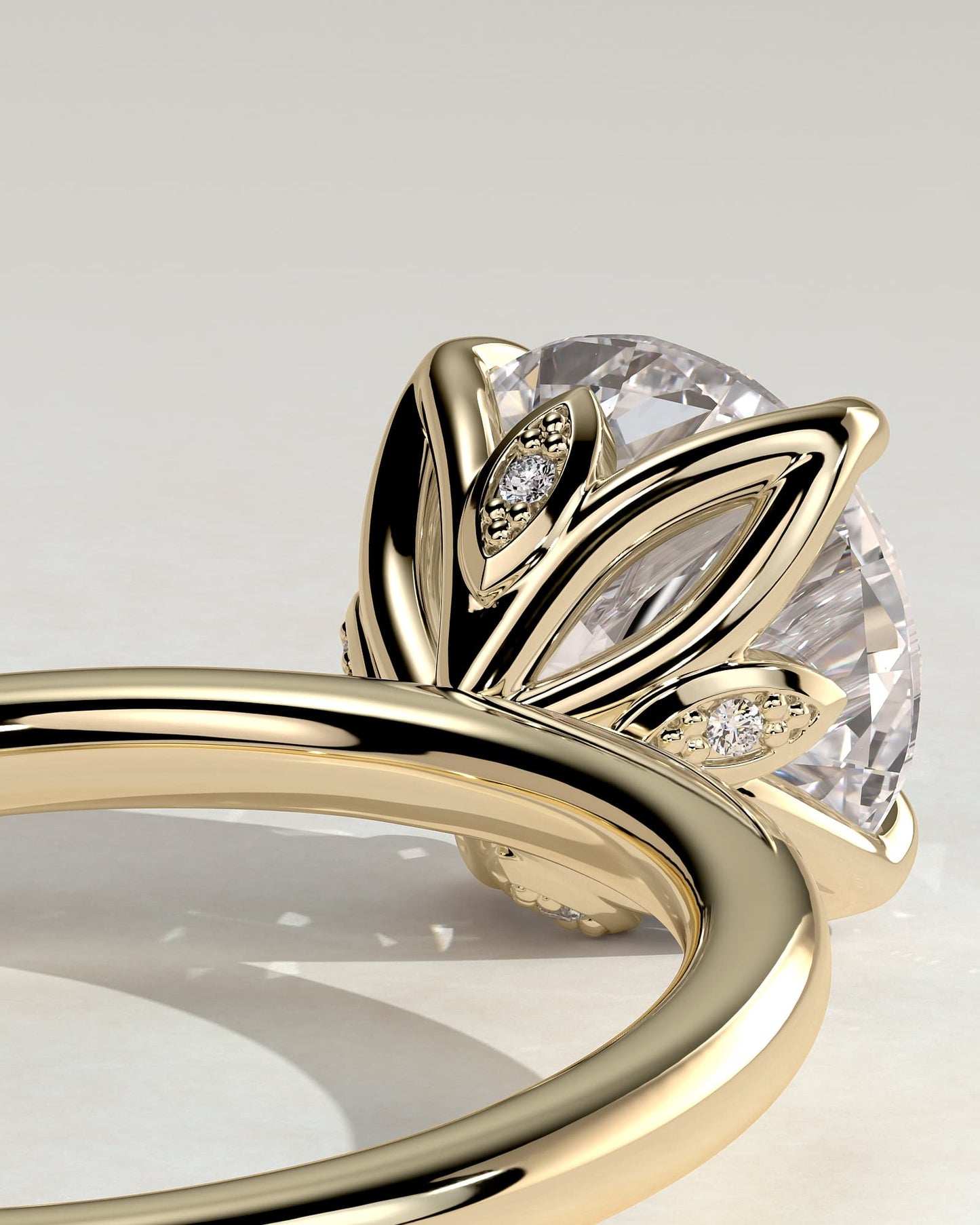 Joy - Round Claw Solitaire with Petal Gallery and Accent Leaf Detail Engagement Ring - Yellow Gold