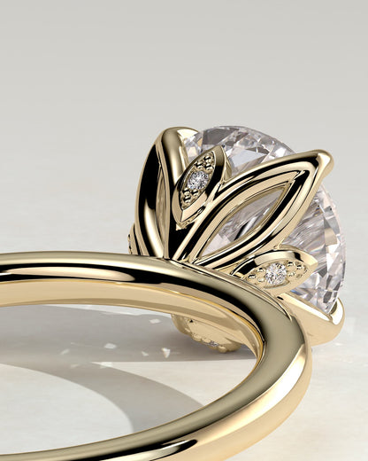 Joy - Round Claw Solitaire with Petal Gallery and Accent Leaf Detail Engagement Ring - Yellow Gold