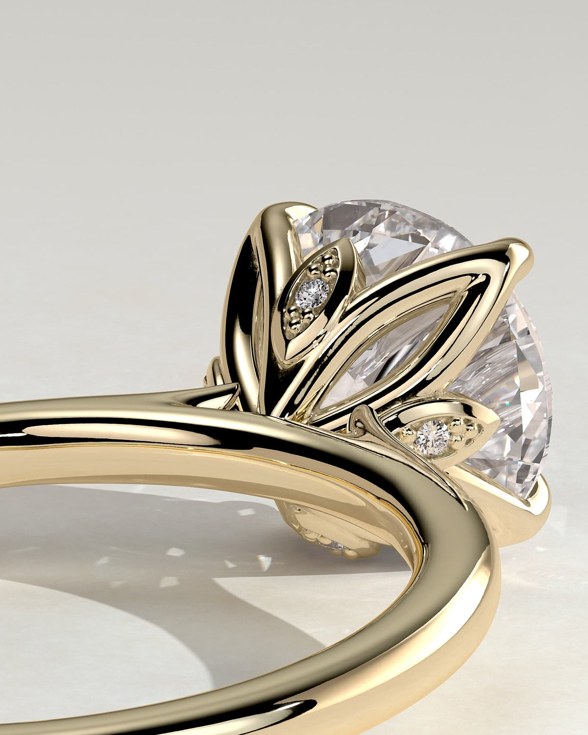 Brianna - Round Claw Solitaire with Petal Gallery, Accent Leaf Detail and Cathedral Setting Engagement Ring - Yellow Gold