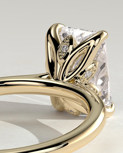 Harriet - Radiant Claw Solitaire with Petal Gallery, Accent Leaf Detail and Cathedral Setting Engagement Ring - Yellow Gold