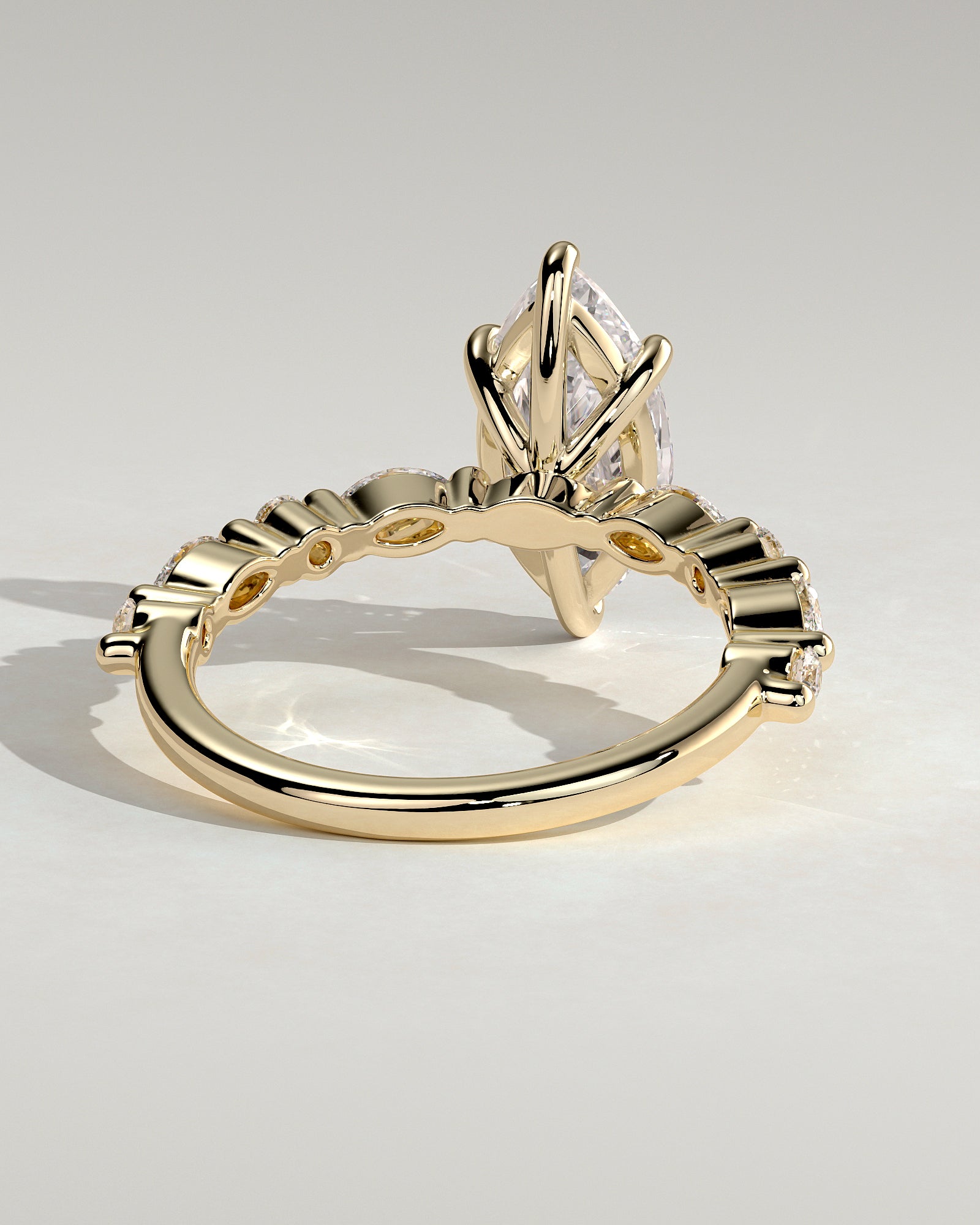 Beatrice - Marquise Claw Solitaire with Marquise and Round Accent Stones Engagement Ring - Yellow Gold - Yellow Gold 2ct