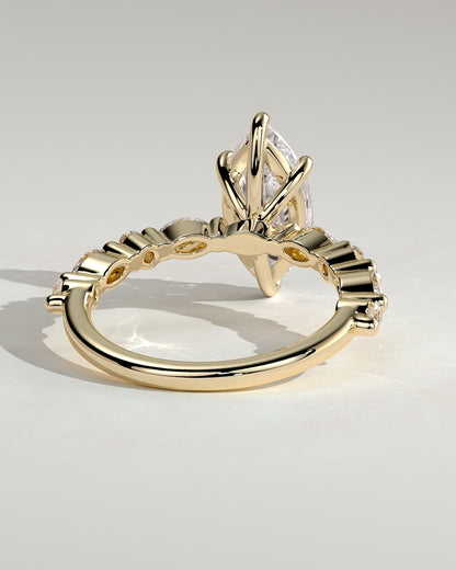 Beatrice - Marquise Claw Solitaire with Marquise and Round Accent Stones Engagement Ring - Yellow Gold
