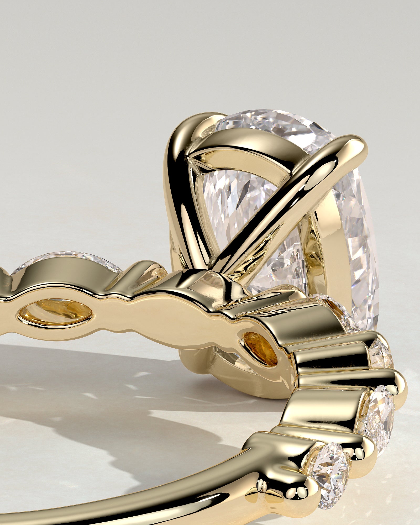 Delphine - Elongated Cushion Claw Solitaire with Marquise and Round Accent Stones Engagement Ring - Yellow Gold - Yellow Gold 2ct