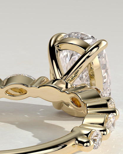 Delphine - Elongated Cushion Claw Solitaire with Marquise and Round Accent Stones Engagement Ring - Yellow Gold