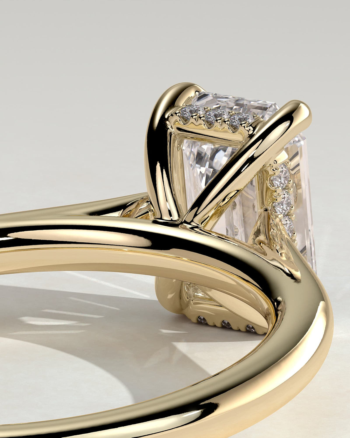 Jane - Emerald Claw Solitaire with Hidden Halo and Cathedral High Setting Engagement Ring - Yellow Gold